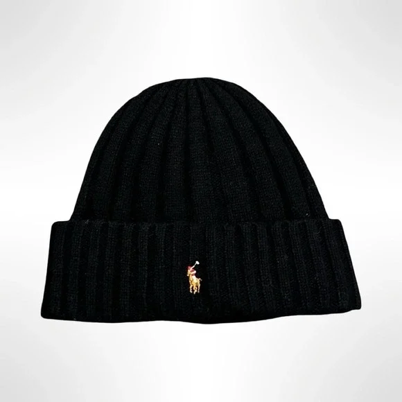 Polo Ralph Lauren Black Ribbed Beanie Hat Multi-Color Pony Wool Blend PP0054 NWT - Picture 3 of 5
